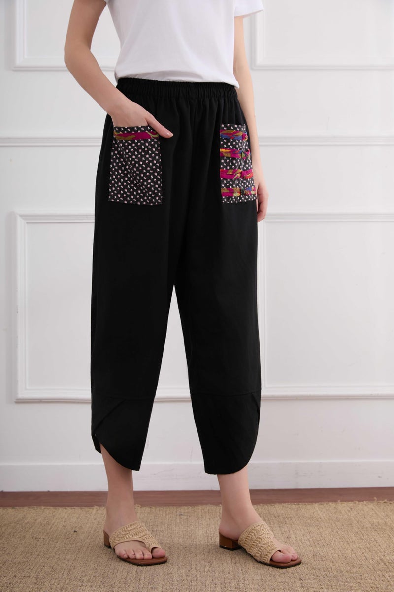 Minibee Women's Baggy Linen Wide Leg Trousers Casual Patchwork Elastic Waist Harem Pants Black M - Image 3